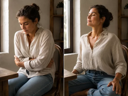 Mujer observando la tensión de su cuerpo antes de reaccionar