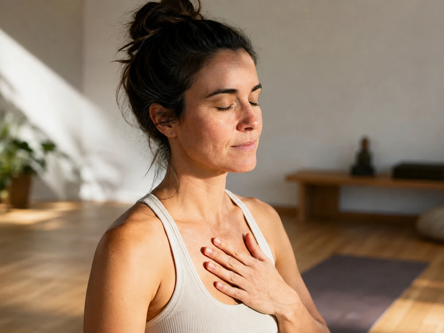 Mujer en su mat de yoga con la mano en el pecho, en un momento de meditación y conexión con el cuerpo