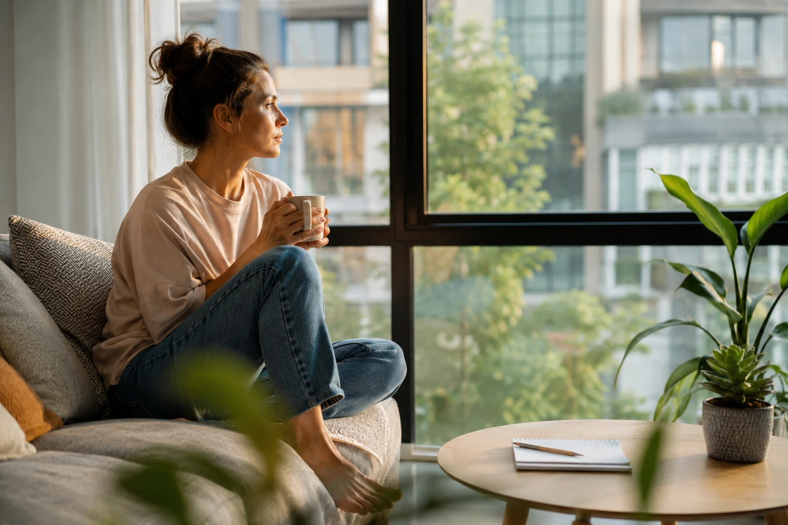 Mujer contemplando el horizonte, en pausa para preguntarse cuál es el sentido de estar bien